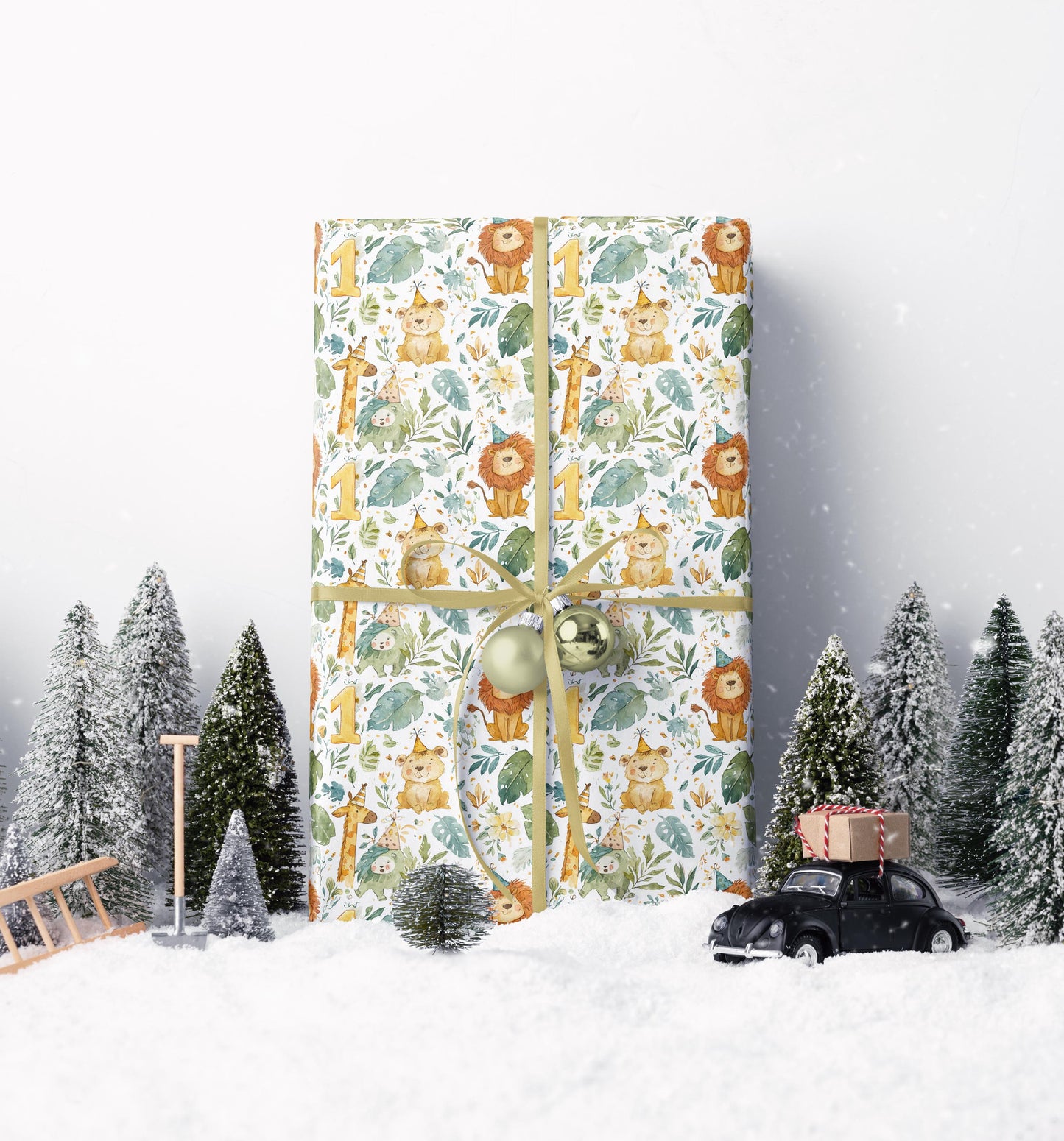 Baby Boy First Birthday Safari Wrapping Paper Roll, Jungle Animal Gift Wrap for Toddler 1st Birthday Party and Wild One Theme #5