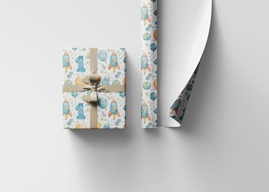 Baby Boy Space Wrapping Paper Roll, First Birthday Gift Wrap with Rockets, Planets, and Stars for Toddler Celebrations #3