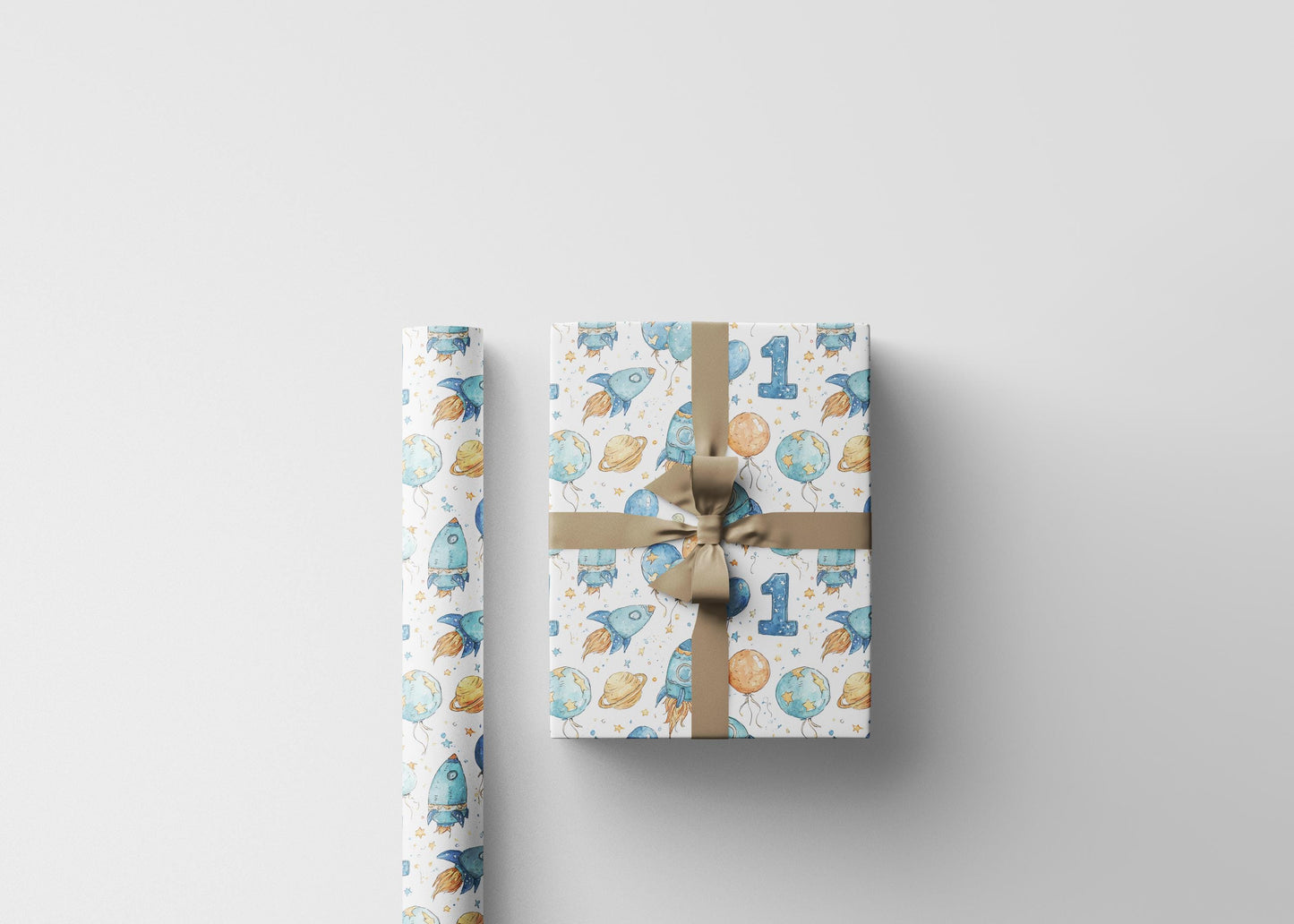 Baby Boy First Birthday Space Wrapping Paper Roll, Astronaut Rocket Gift Wrap for Toddler 1st Birthday Party and Galaxy Theme #1
