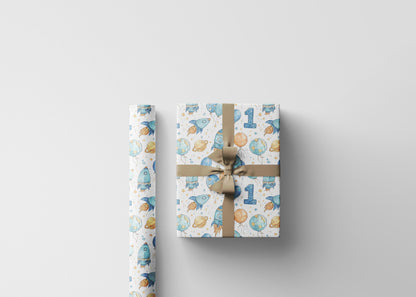 Baby Boy First Birthday Space Wrapping Paper Roll, Astronaut Rocket Gift Wrap for Toddler 1st Birthday Party and Galaxy Theme #1