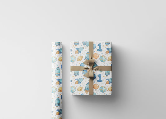 Baby Boy First Birthday Space Wrapping Paper Roll, Astronaut Rocket Gift Wrap for Toddler 1st Birthday Party and Galaxy Theme #1