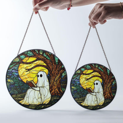Ghost Reading Under Moonlight Stained Glass Suncatcher, Autumn Tree and Full Moon Design, Perfect Home Decor for Sunlight Reflection