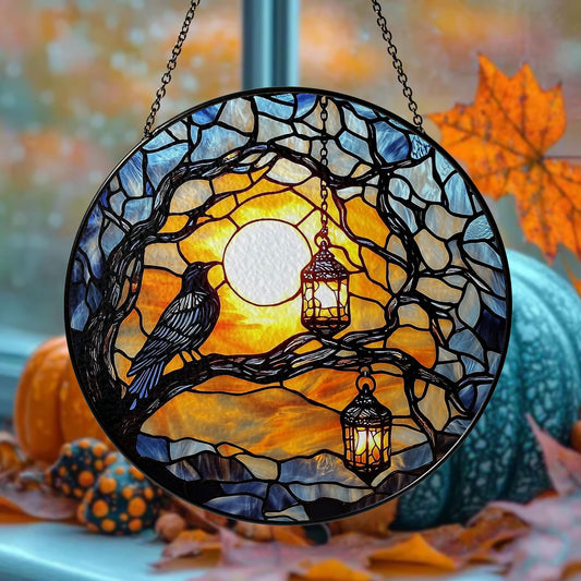 Raven on Tree Branch Stained Glass Suncatcher with Glowing Sunset Sky and Hanging Lanterns, Round Window Panel for Home Decor and Gifts