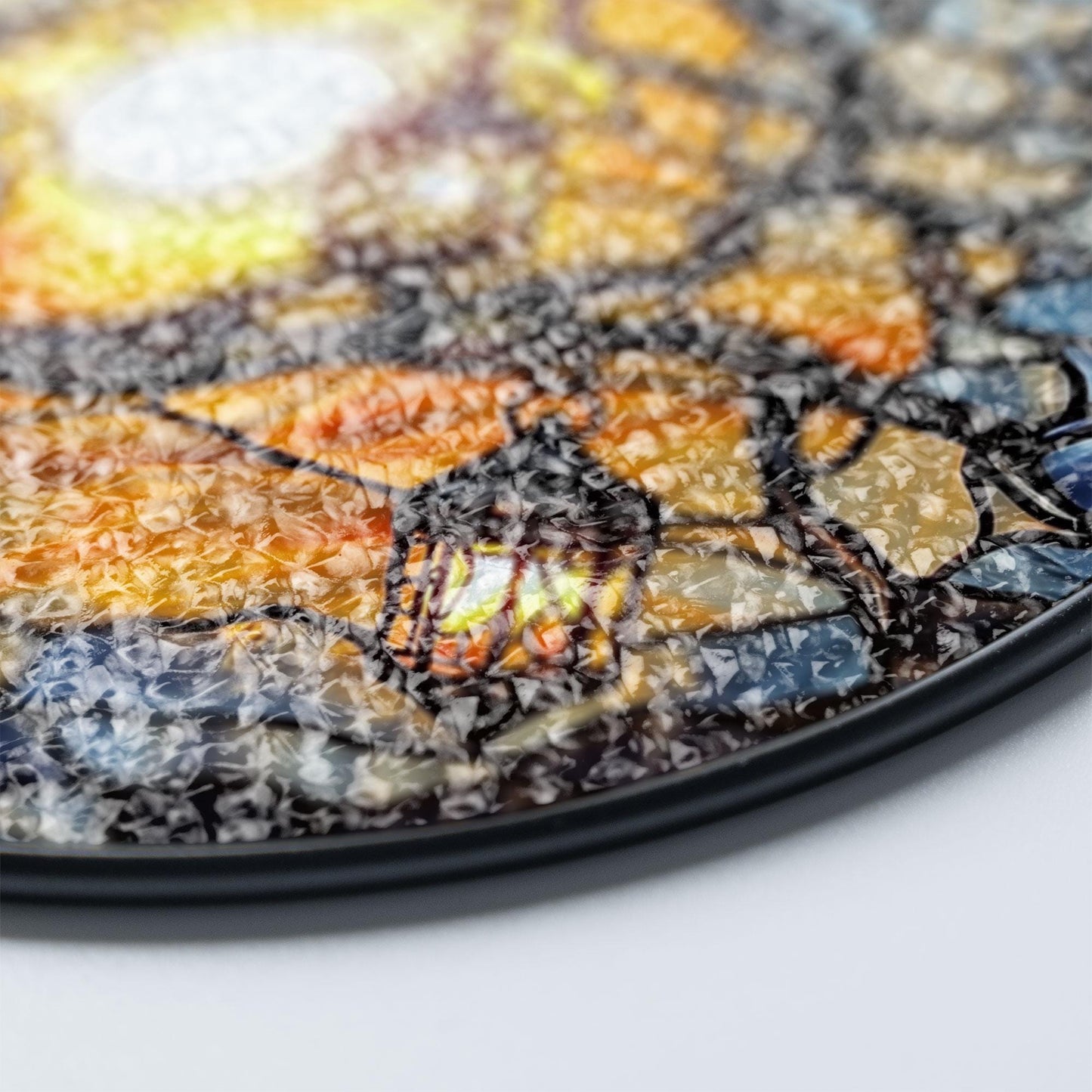 Raven on Tree Branch Stained Glass Suncatcher with Glowing Sunset Sky and Hanging Lanterns, Round Window Panel for Home Decor and Gifts