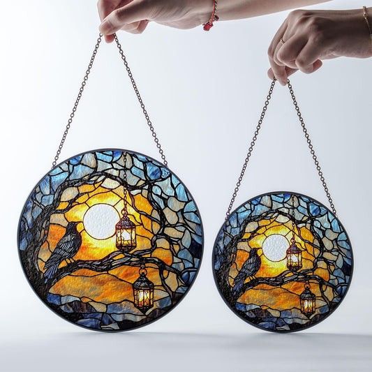 Raven on Tree Branch Stained Glass Suncatcher with Glowing Sunset Sky and Hanging Lanterns, Round Window Panel for Home Decor and Gifts