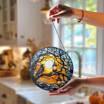 Raven on Tree Branch Stained Glass Suncatcher with Glowing Sunset Sky and Hanging Lanterns, Round Window Panel for Home Decor and Gifts