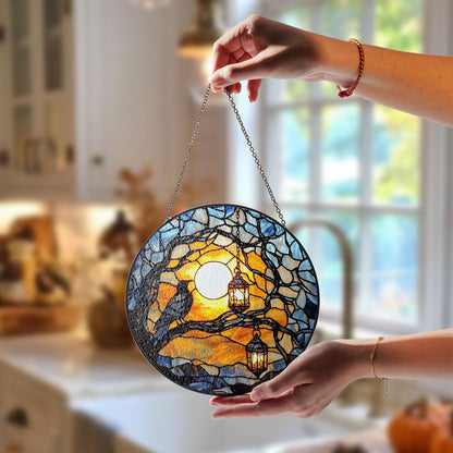 Raven on Tree Branch Stained Glass Suncatcher with Glowing Sunset Sky and Hanging Lanterns, Round Window Panel for Home Decor and Gifts