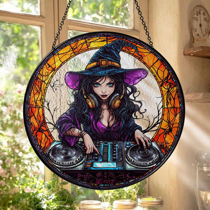 Magical Witch DJ Stained Glass Suncatcher - Enchanting Witchcraft & Music Lover Home Decor, Handcrafted Window Art, Perfect Unique Gift