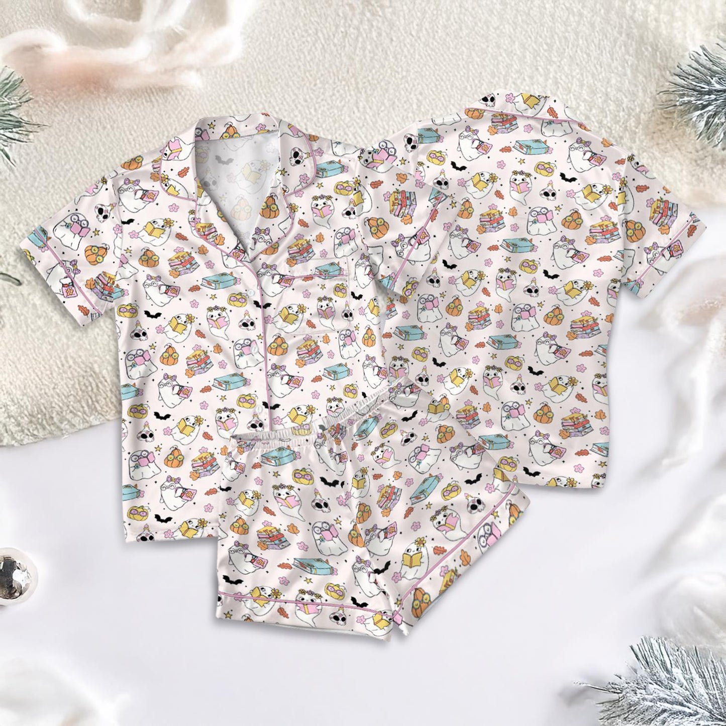 Cute Ghost Reading Book Silk Pajamas, Pumpkin Pjs Set, Fall Autumn, Spooky Season Gift