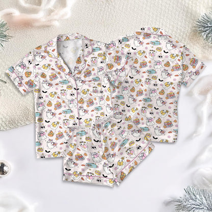 Cute Ghost Reading Book Silk Pajamas, Pumpkin Pjs Set, Fall Autumn, Spooky Season Gift