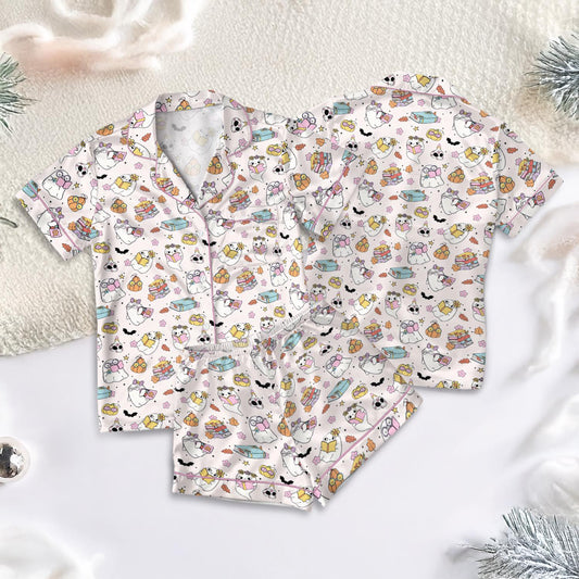 Cute Ghost Reading Book Silk Pajamas, Pumpkin Pjs Set, Fall Autumn, Spooky Season Gift