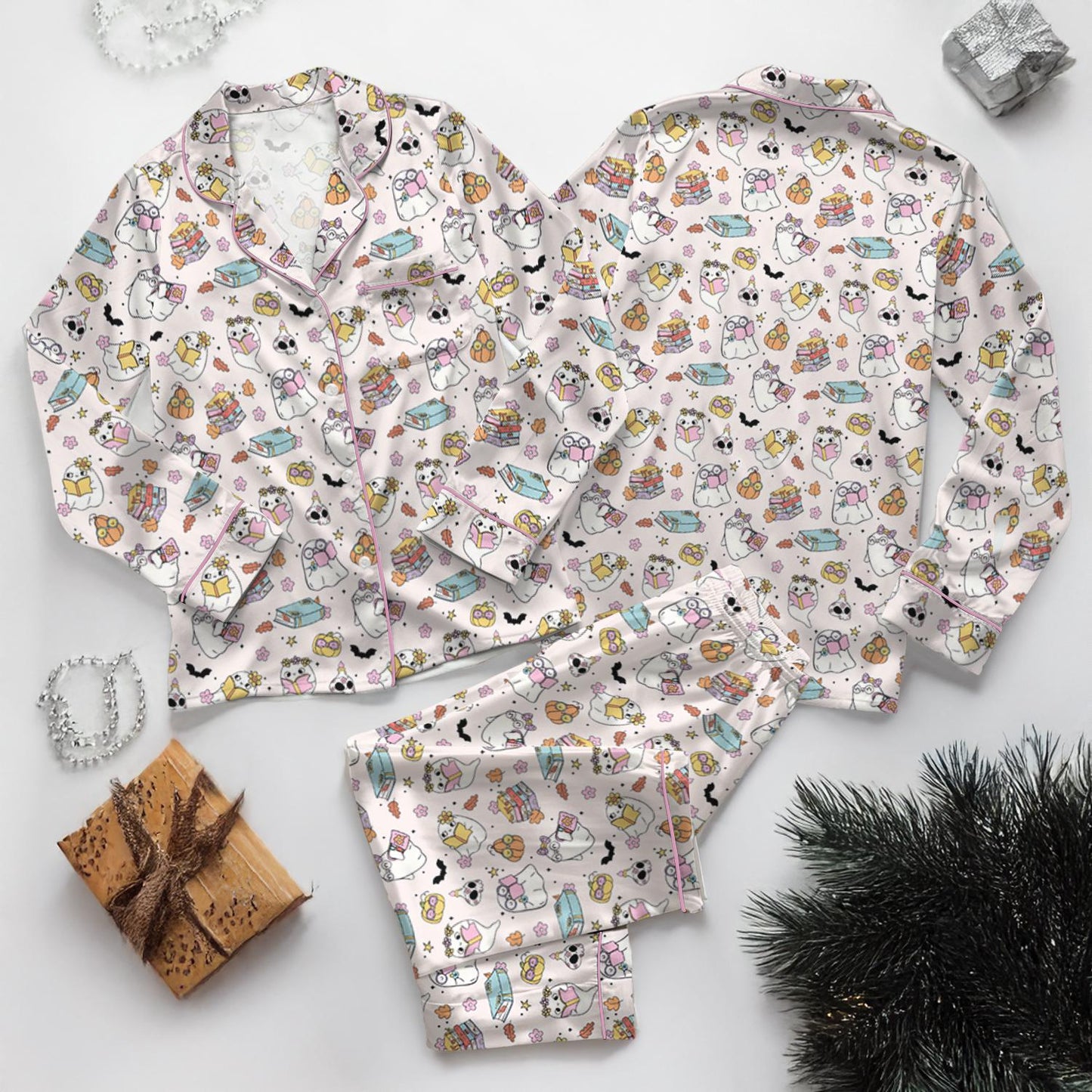 Cute Ghost Reading Book Silk Pajamas, Pumpkin Pjs Set, Fall Autumn, Spooky Season Gift