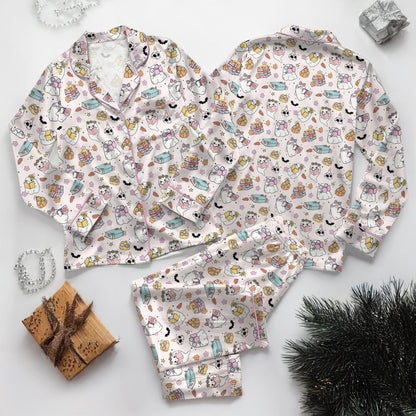 Cute Ghost Reading Book Silk Pajamas, Pumpkin Pjs Set, Fall Autumn, Spooky Season Gift