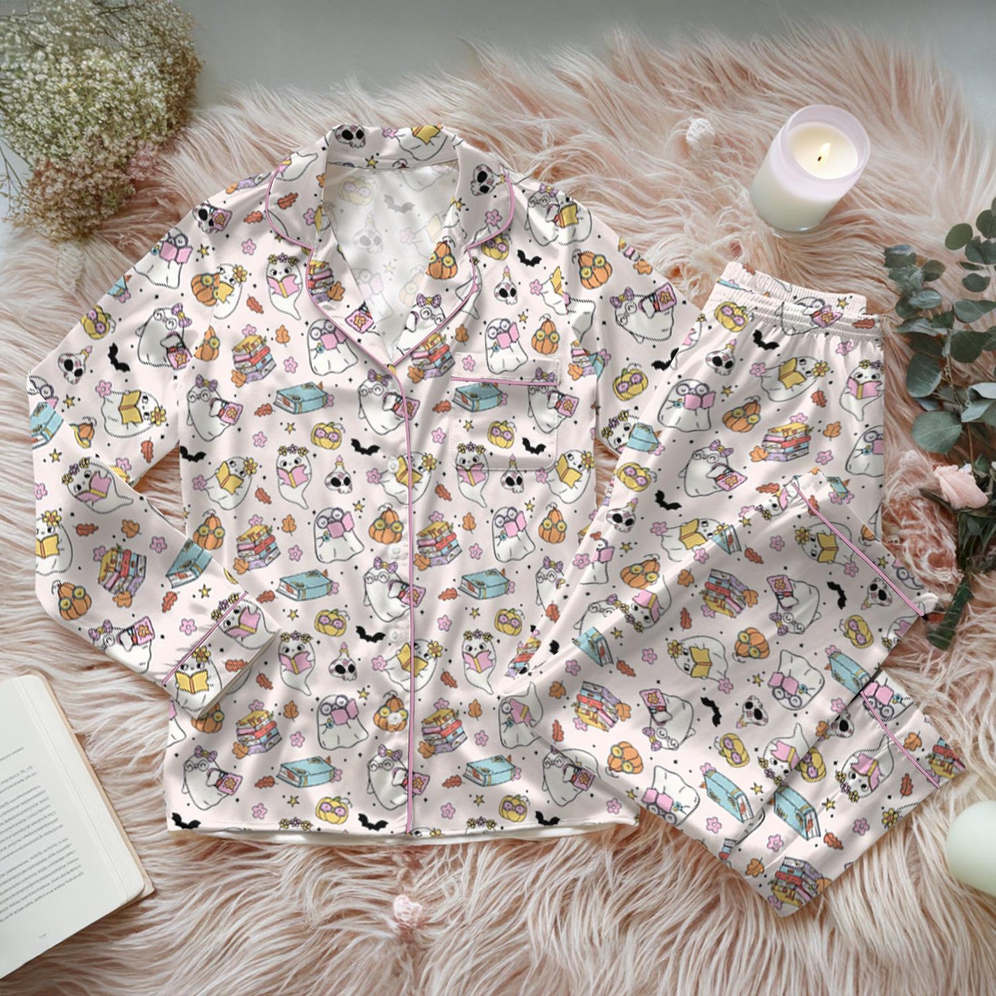 Cute Ghost Reading Book Silk Pajamas, Pumpkin Pjs Set, Fall Autumn, Spooky Season Gift