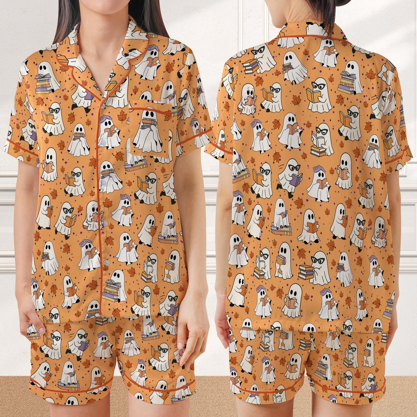 Bookish Boo Ghost Halloween Satin Pajamas, Funny Bookworm Halloween Sleepwear Gift, Reading Lover Trick Or Treat Halloween Pajamas Set