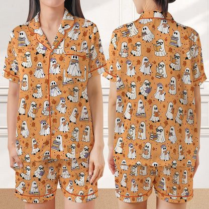 Bookish Boo Ghost Halloween Satin Pajamas, Funny Bookworm Halloween Sleepwear Gift, Reading Lover Trick Or Treat Halloween Pajamas Set