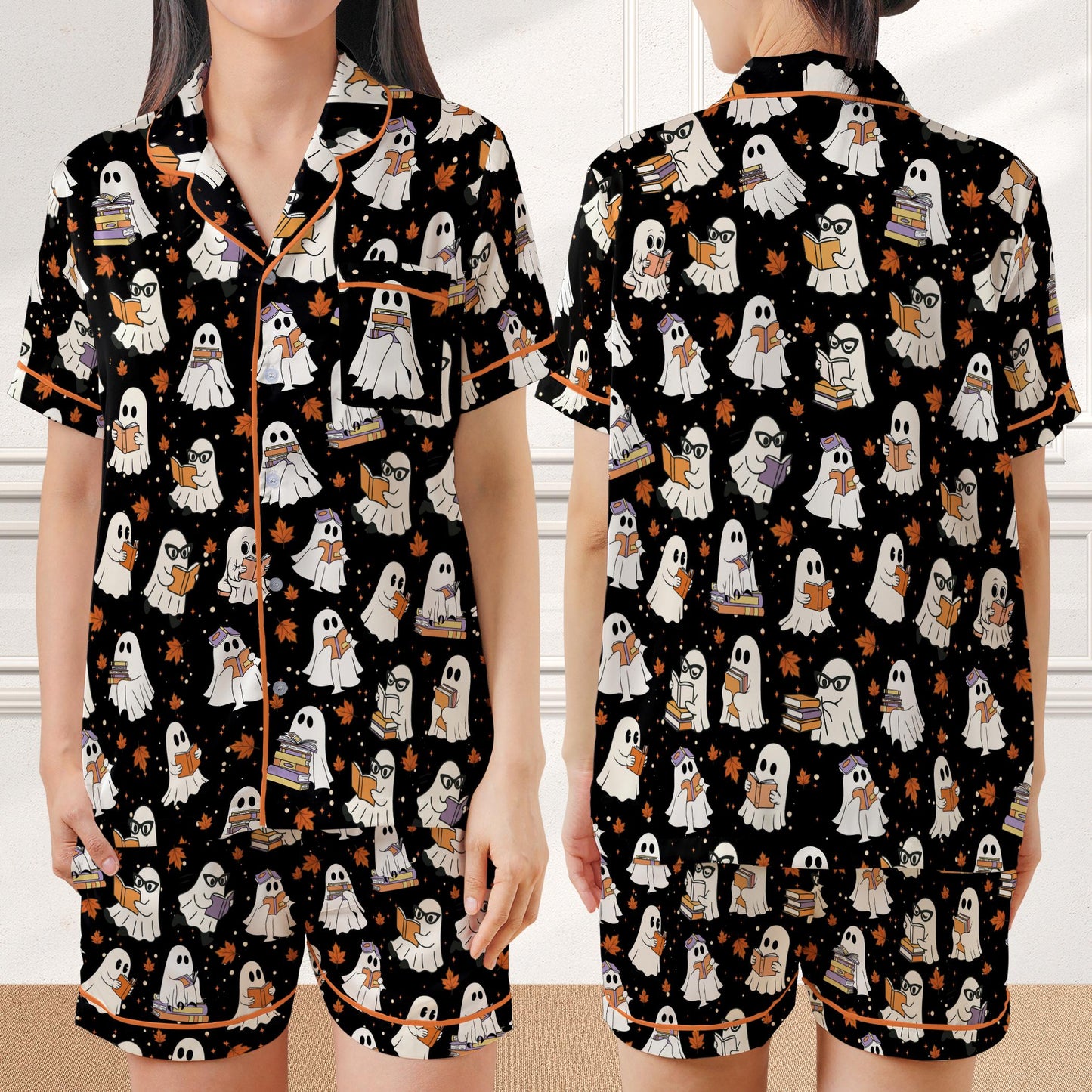 Bookish Boo Ghost Halloween Satin Pajamas, Funny Bookworm Halloween Sleepwear Gift, Reading Lover Trick Or Treat Halloween Pajamas Set