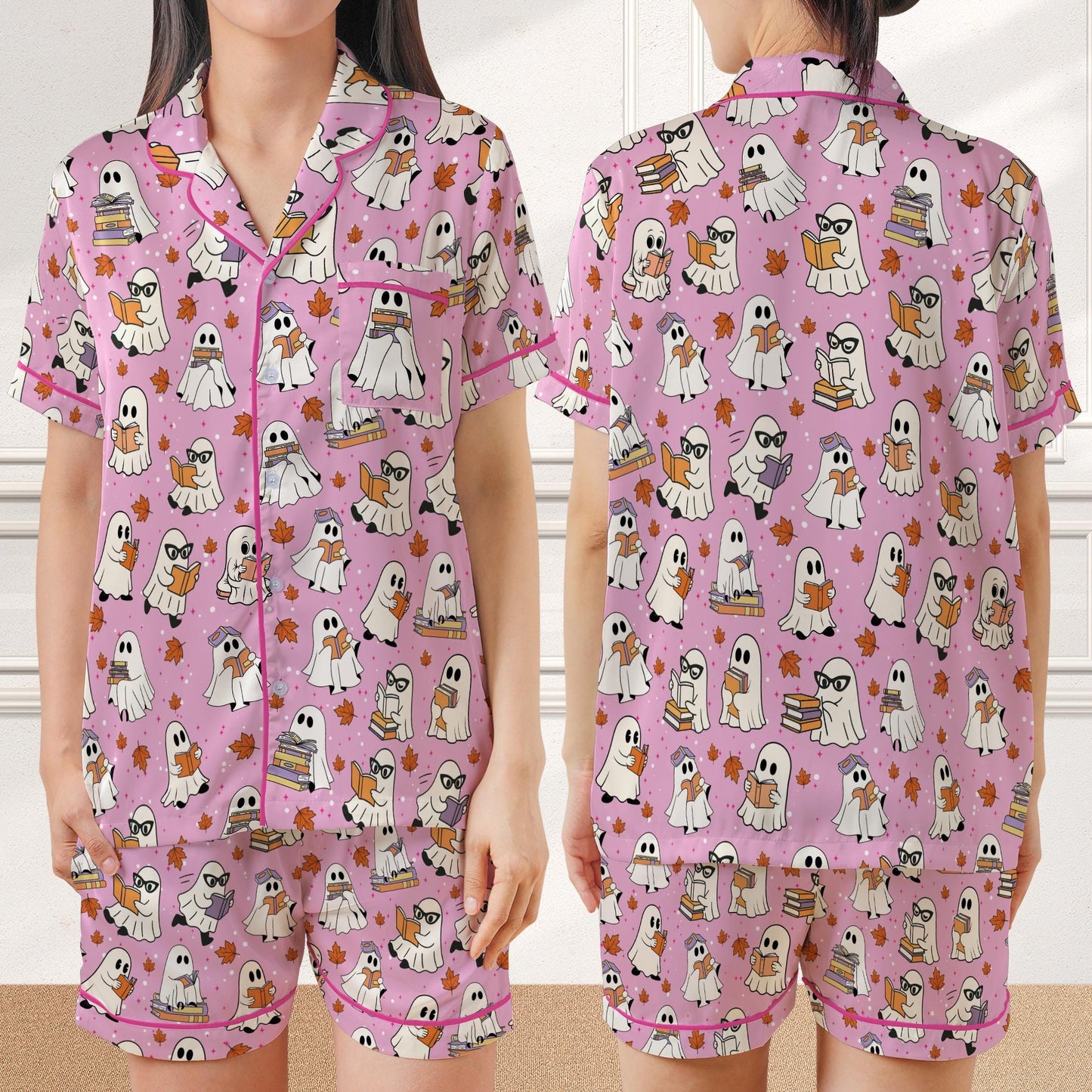 Bookish Boo Ghost Halloween Satin Pajamas, Funny Bookworm Halloween Sleepwear Gift, Reading Lover Trick Or Treat Halloween Pajamas Set