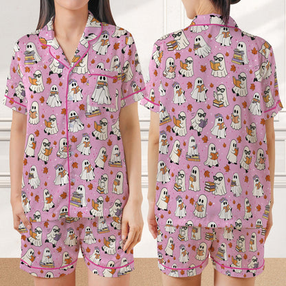 Bookish Boo Ghost Halloween Satin Pajamas, Funny Bookworm Halloween Sleepwear Gift, Reading Lover Trick Or Treat Halloween Pajamas Set