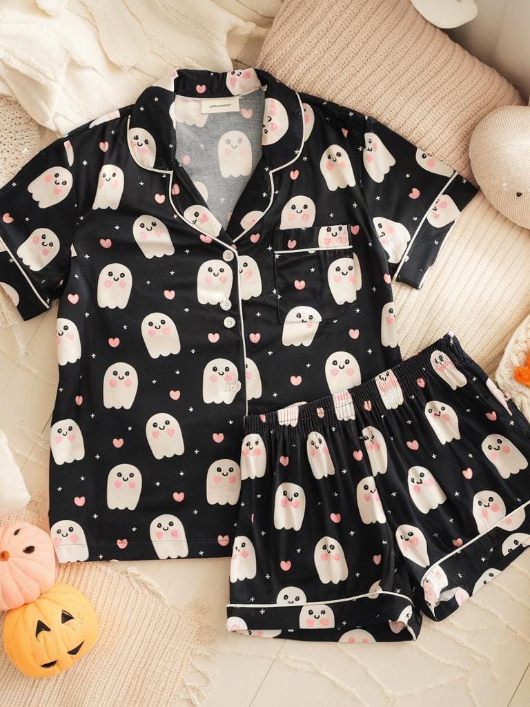 Happy Ghost Pajama Satin Pajamas Set, Halloween Pjs, Cozy Season Pjs, Ghost Pajamas, Fall Pjs, Ghost Heart Pajamas, Family Halloween Pyjamas