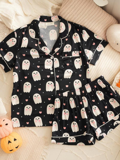 Happy Ghost Pajama Satin Pajamas Set, Halloween Pjs, Cozy Season Pjs, Ghost Pajamas, Fall Pjs, Ghost Heart Pajamas, Family Halloween Pyjamas