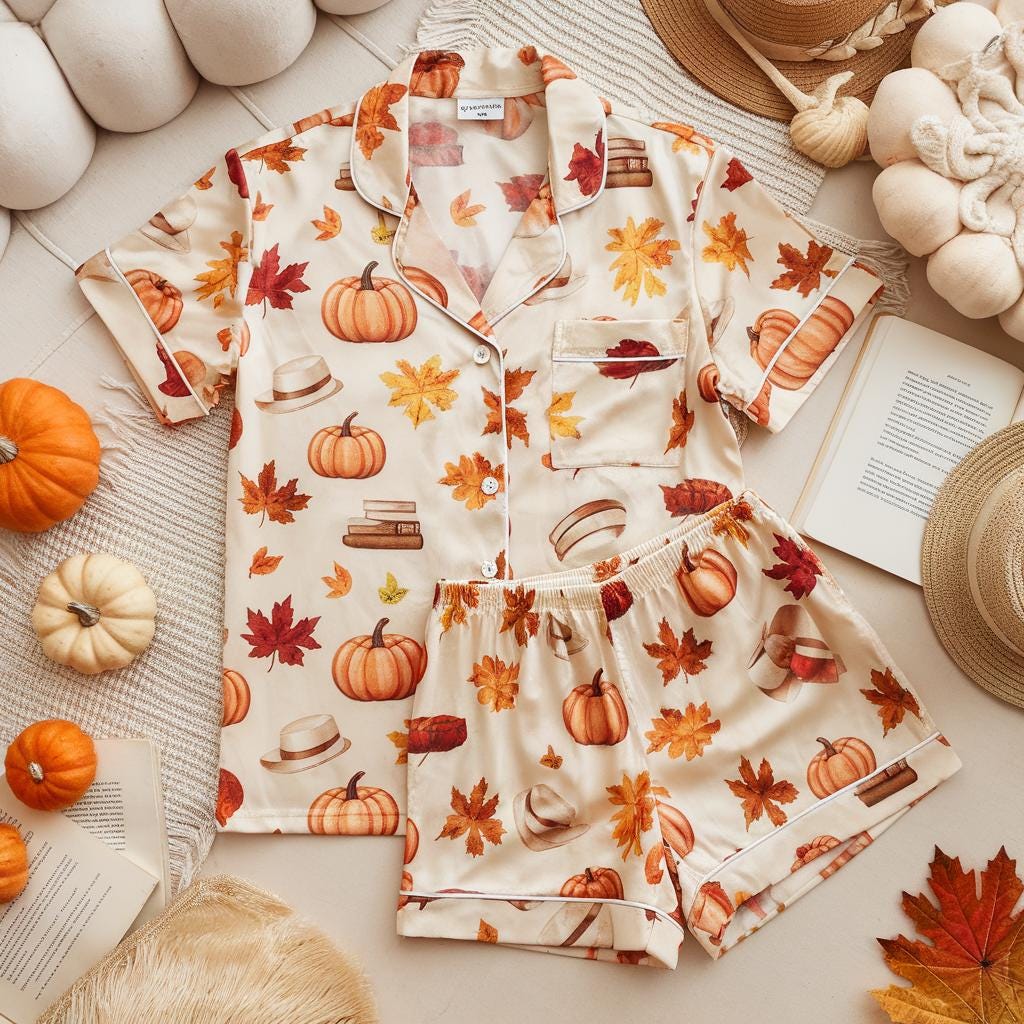 Anne of Green Gables Satin Pajamas, Cozy Fall Aesthetic Pjs, Cozy Season Pjs, Autumn Pajamas, Fall Pajamas, Pumpkin Pajamas, Family Pyjamas