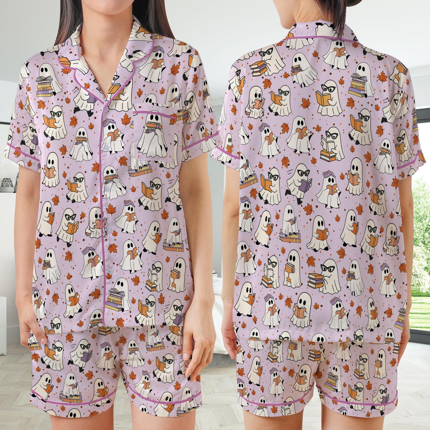 Cute Bookish Boo Ghost Satin Pajamas Set, Fall Bookworm Pajama Set, Book Lover Sleepwear, Boo Reading Halloween Gift