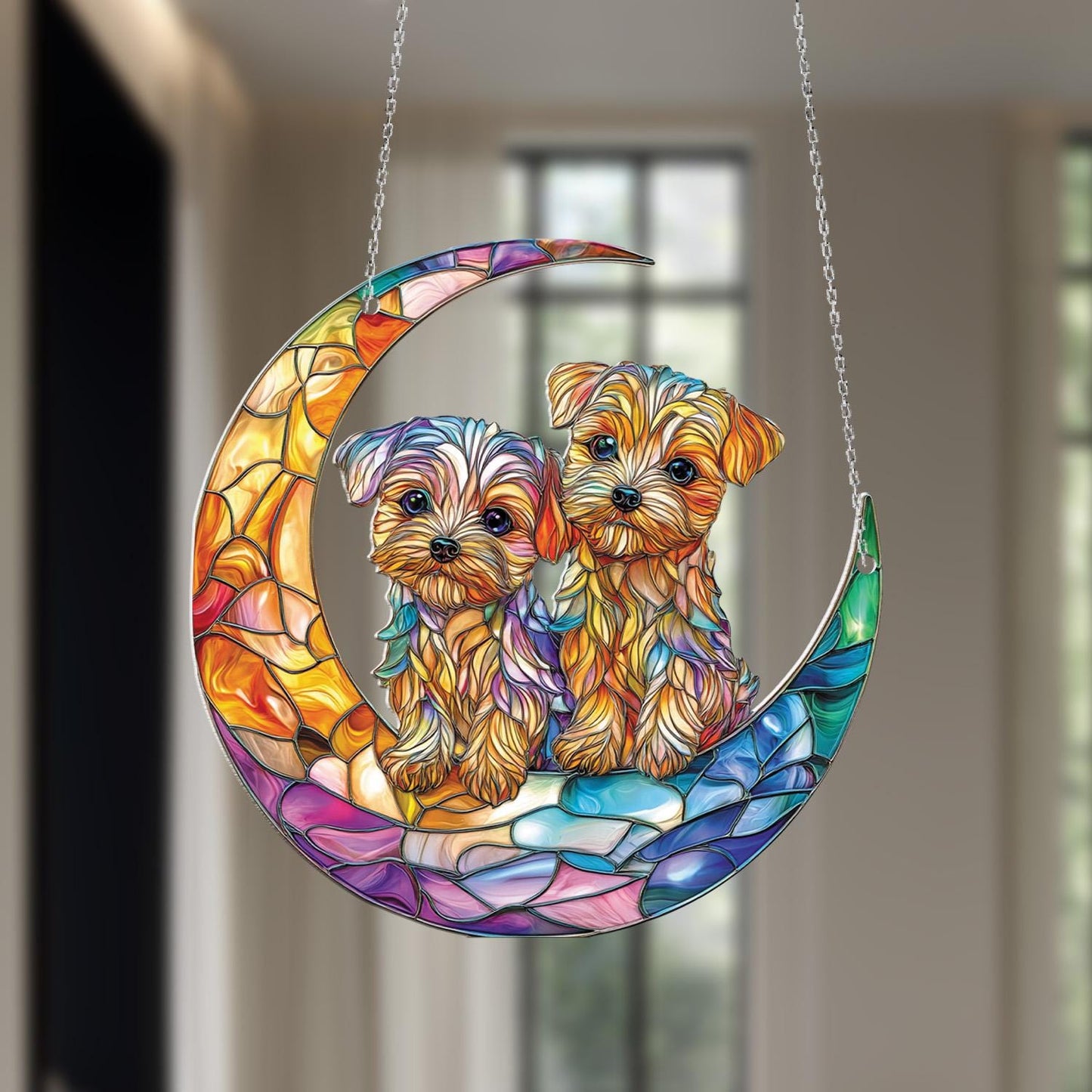 Window Hanging Crescent Moon With Cute Puppy Duo In Vibrant Colors, Adding Warmth And Charm To Your Home Décor