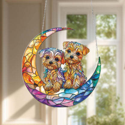 Window Hanging Crescent Moon With Cute Puppy Duo In Vibrant Colors, Adding Warmth And Charm To Your Home Décor