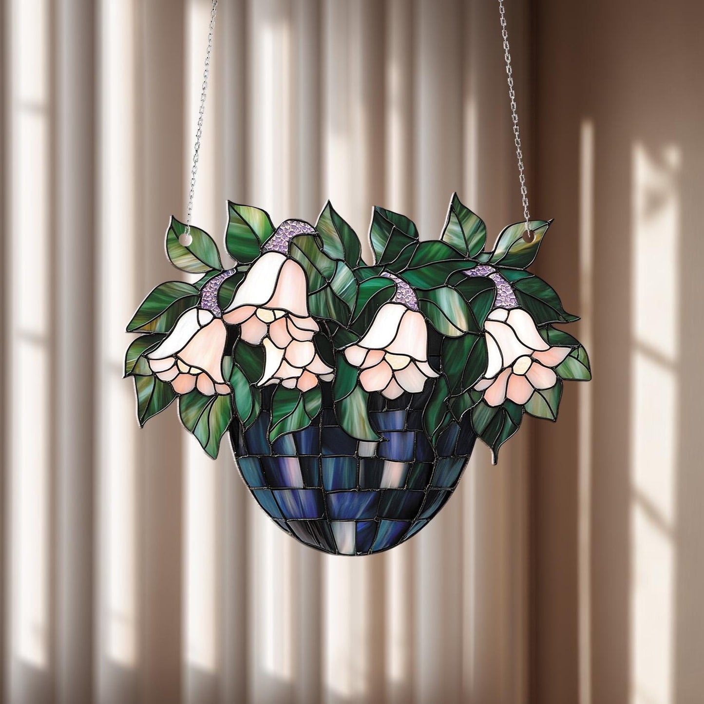 Window Hanging Pink Bell Flowers In Blue Basket, Bringing Elegant Botanical Beauty And Fresh Natural Charm To Your Home Décor