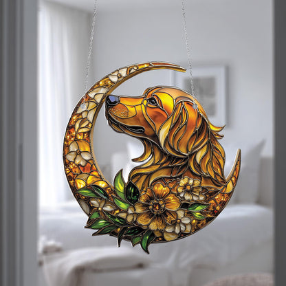 Window Hanging Golden Retriever On Crescent Moon With Flowers, Bringing Warmth, Loyalty, And Artistic Charm To Your Home Décor