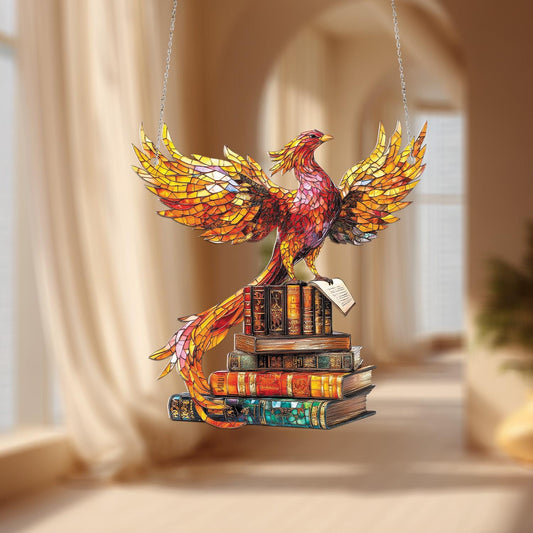 Window Hanging Phoenix On Stack Of Books, Symbolizing Wisdom, Rebirth, And Artistic Brilliance For An Inspiring Home Décor Accent
