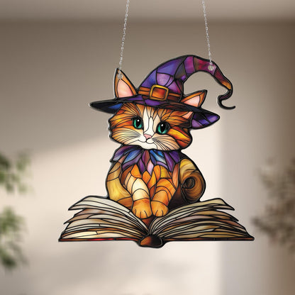 Window Hanging Cute Cat In Witch Hat Sitting On Book, Adding Magical Charm And Whimsical Beauty To Your Home Décor