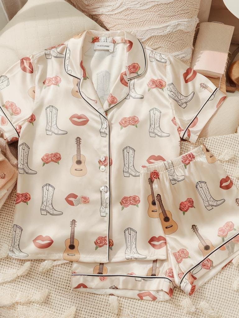 Coquette Cow Girl Satin Pajamas Set, Western Pattern Pajama, Western Pajama, Cowgirl Boot Pajama, Family Pyjamas, Womens Pajamas, Cowboy Pjs