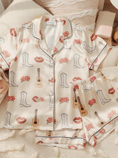 Coquette Cow Girl Satin Pajamas Set, Western Pattern Pajama, Western Pajama, Cowgirl Boot Pajama, Family Pyjamas, Womens Pajamas, Cowboy Pjs