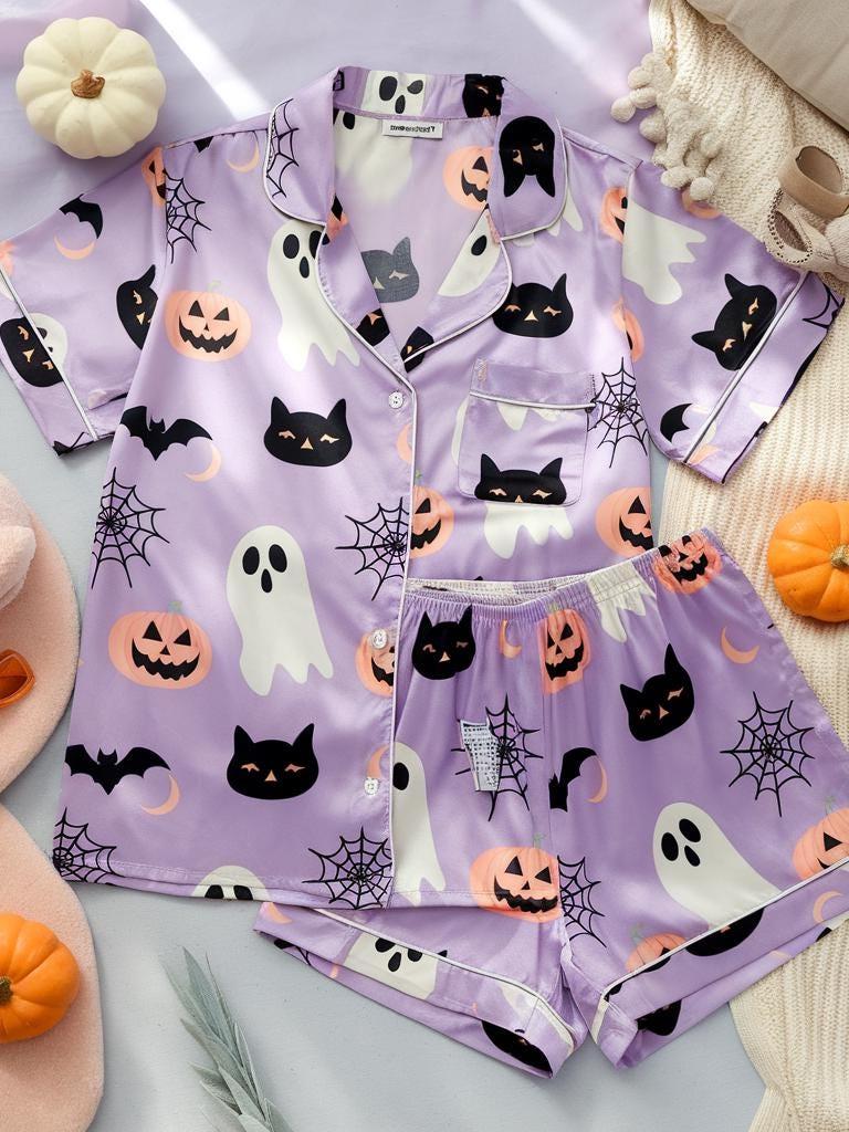 Ghost Pumpkin and Black Cat Pajamas Set, Halloween Pajamas, Cute Ghost Pajamas, Ghost Pjs, Pumpkin Pajamas Set, Spooky Season, Pumpkin Ghost