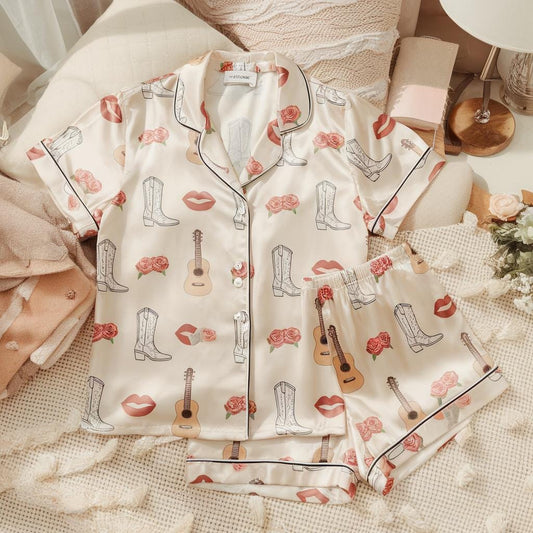 Coquette Cow Girl Satin Pajamas Set, Western Pattern Pajama, Western Pajama, Cowgirl Boot Pajama, Family Pyjamas, Womens Pajamas, Cowboy Pjs