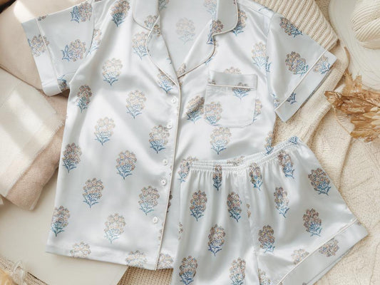 Hand Block Print Satin Pajamas Set, Floral Pattern Pajama, Bridesmaid Pajama, Bride Pajama, Family Pyjamas, Womens Pajamas, Bridal Pajamas