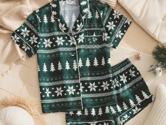 Christmas Print Satin Pajamas Set, Pine Tree Pattern Pajama, Snowflake Pattern Pajama, Family Pajamas Set, Womens Pajamas, Birthday Pajamas