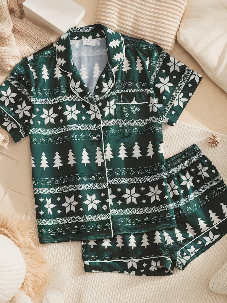 Christmas Print Satin Pajamas Set, Pine Tree Pattern Pajama, Snowflake Pattern Pajama, Family Pajamas Set, Womens Pajamas, Birthday Pajamas