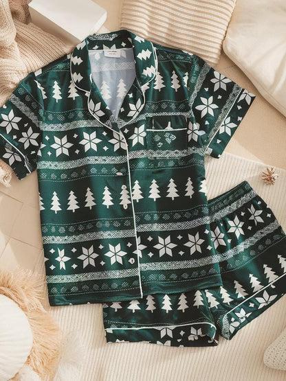 Christmas Print Satin Pajamas Set, Pine Tree Pattern Pajama, Snowflake Pattern Pajama, Family Pajamas Set, Womens Pajamas, Birthday Pajamas