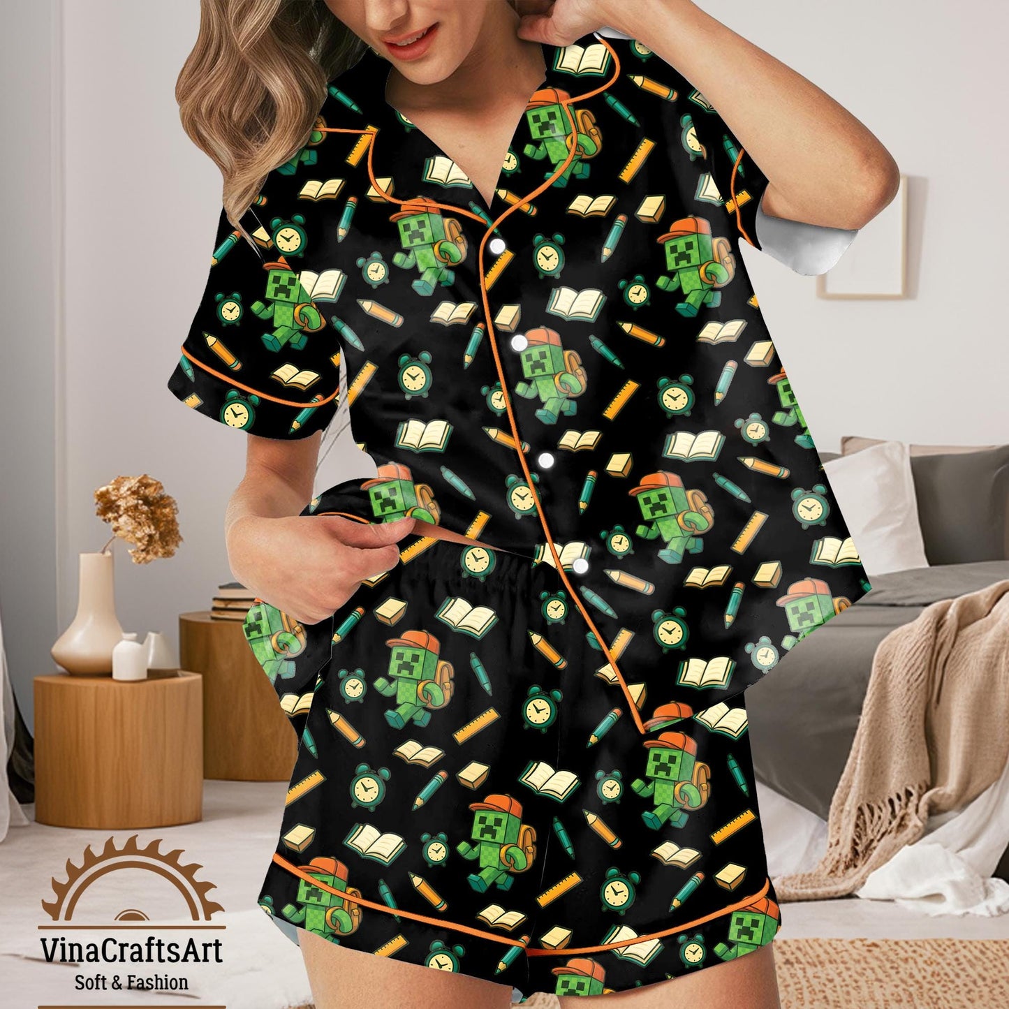 Minecraft Creeper Pajamas Set, Cute Gamer Sleepwear, Back to School Nightwear, Colorful Short and Long Sleeve Pajamas Set