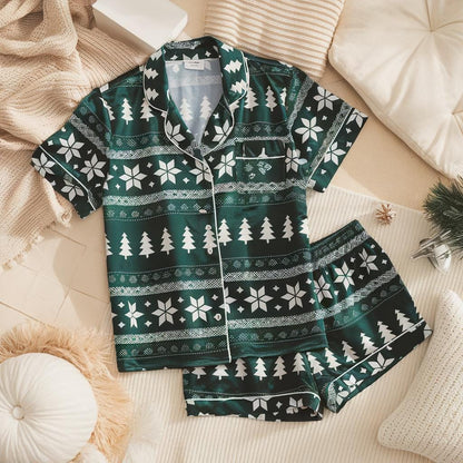 Christmas Print Satin Pajamas Set, Pine Tree Pattern Pajama, Snowflake Pattern Pajama, Family Pajamas Set, Womens Pajamas, Birthday Pajamas