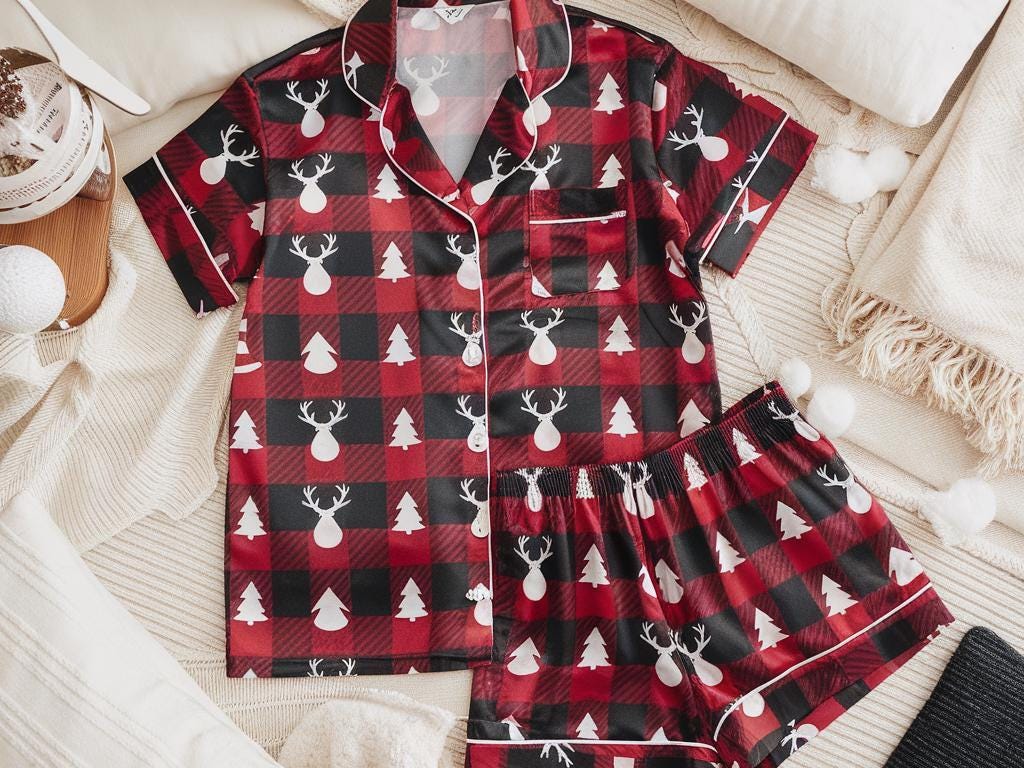 Christmas Print Satin Pajamas Set, Pine Tree Pattern Pajamas, Reindeer Pattern Pajamas, Family Pajamas Set, Womens Pajamas, Birthday Pajamas