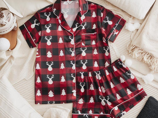 Christmas Print Satin Pajamas Set, Pine Tree Pattern Pajamas, Reindeer Pattern Pajamas, Family Pajamas Set, Womens Pajamas, Birthday Pajamas