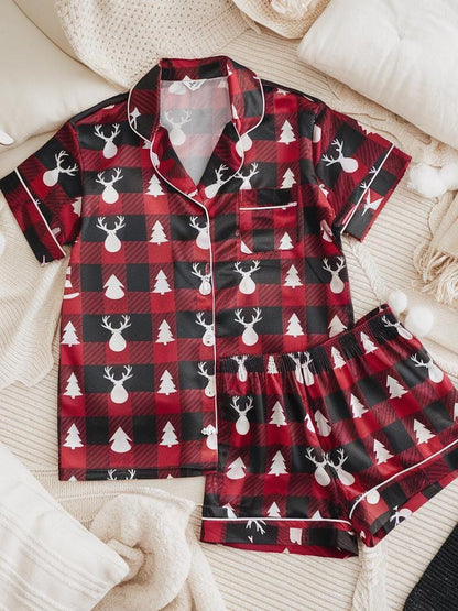 Christmas Print Satin Pajamas Set, Pine Tree Pattern Pajamas, Reindeer Pattern Pajamas, Family Pajamas Set, Womens Pajamas, Birthday Pajamas