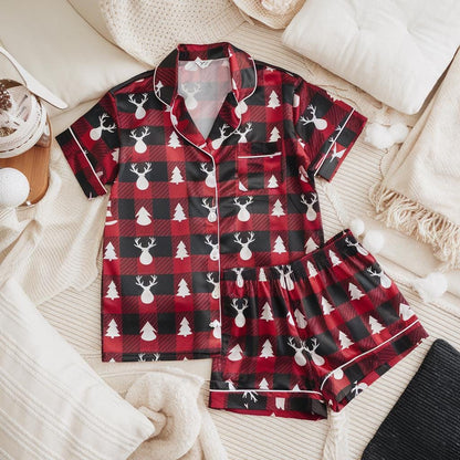 Christmas Print Satin Pajamas Set, Pine Tree Pattern Pajamas, Reindeer Pattern Pajamas, Family Pajamas Set, Womens Pajamas, Birthday Pajamas