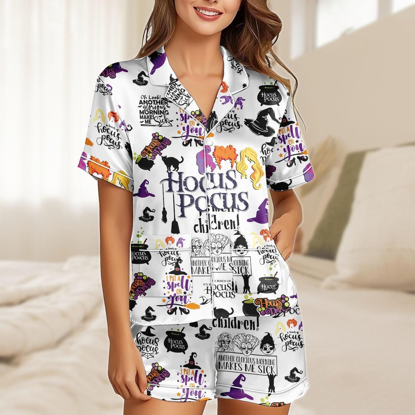 Hocus Pocus Short Satin Pajamas, Witchy Sleepwear Set for Women, Silky Halloween Lounge Outfit, Pajama Shorts, Gift for Hocus Pocus Fan  Pajamas Set