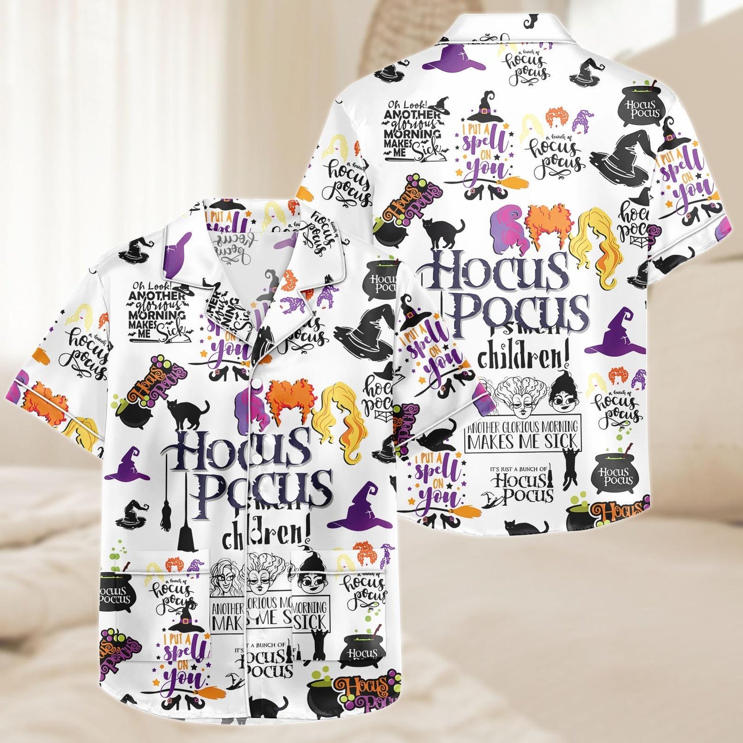 Hocus Pocus Short Satin Pajamas, Witchy Sleepwear Set for Women, Silky Halloween Lounge Outfit, Pajama Shorts, Gift for Hocus Pocus Fan  Pajamas Set