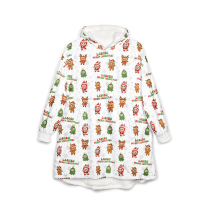 Labubu Christmas Hooded Blanket: Soft Polyester Fleece, Kangaroo Pocket